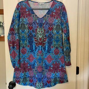 Misslook Blue and Red Floral V-Neck Long Sleeved Tunic Top